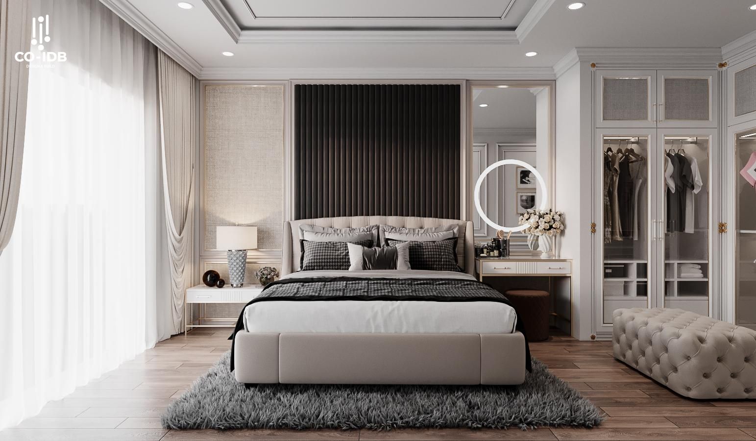 Không gian phòng ngủ hiện đại với vách đầu giường ốp gỗ chạy full chiều cao, sàn xương cá nâu trầm và nội thất tối giản, nhấn bằng đường nét thẳng – bảng màu trung tính thanh lịch.


