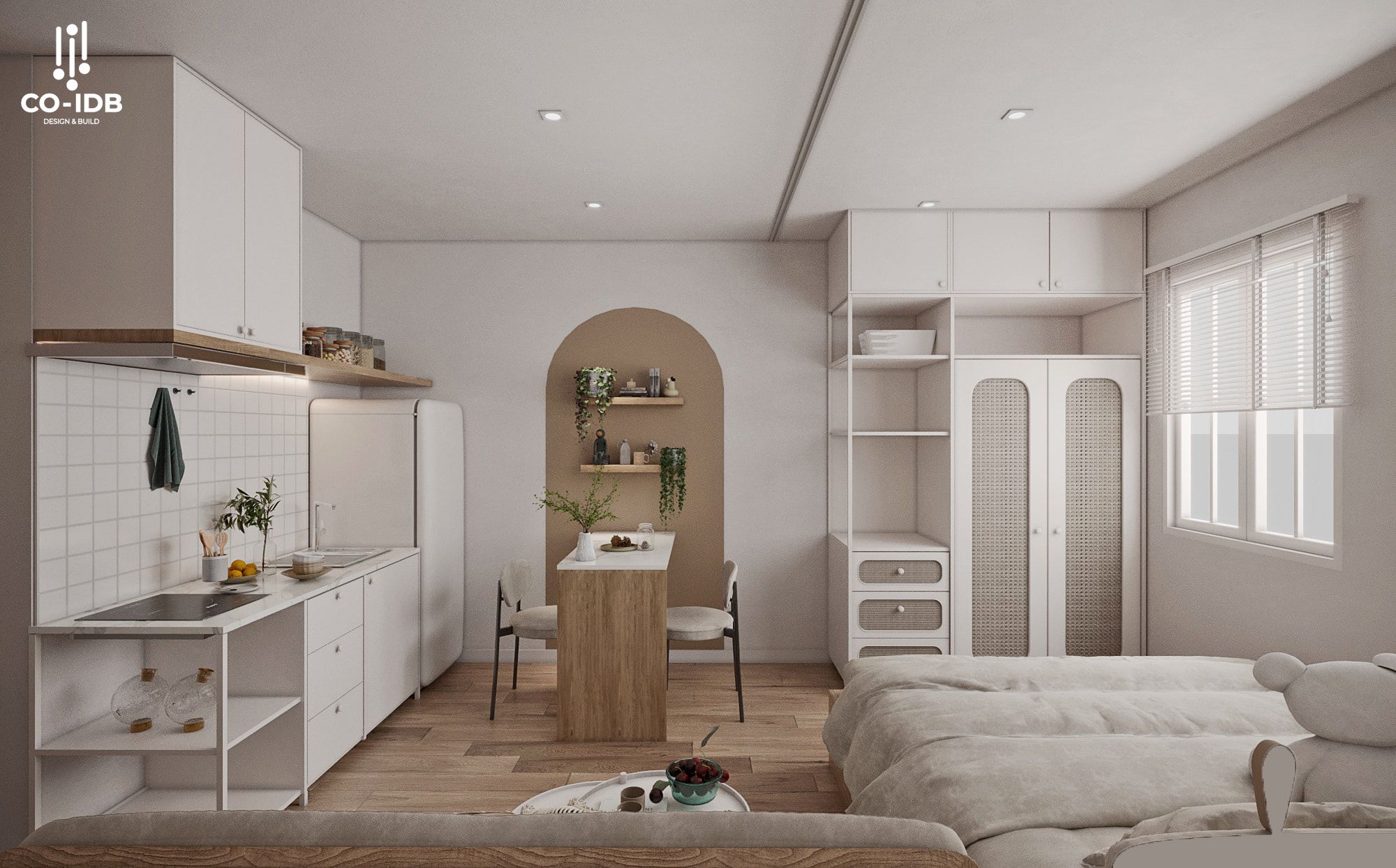 Phối cảnh nội thất căn hộ mini với không gian giường ngủ liền kề bếp và sofa, tông màu beige chủ đạo tạo cảm giác ấm cúng – tối ưu diện tích sống.