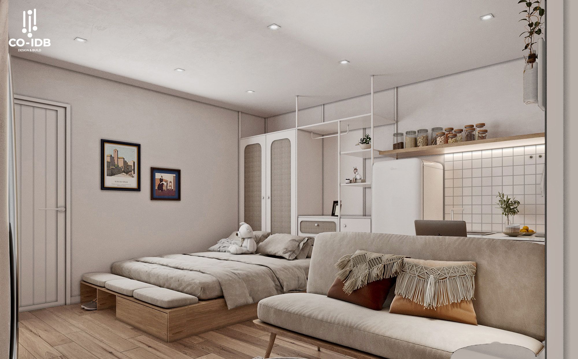 Căn hộ studio phong cách Bắc Âu, thiết kế tích hợp bếp, bàn ăn và giường ngủ trong một không gian thống nhất, nhấn bởi chi tiết vòm và gỗ sáng.