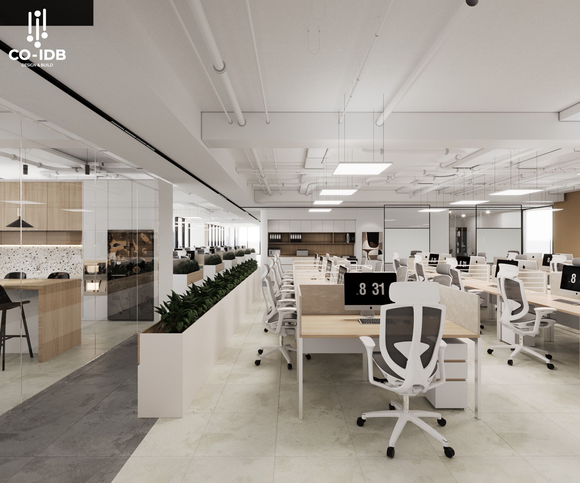 Thiết kế văn phòng mở với trạm làm việc module dài, sử dụng gam trắng – be chủ đạo, điểm nhấn bằng lam gỗ, cây xanh phân khu và vách kính.