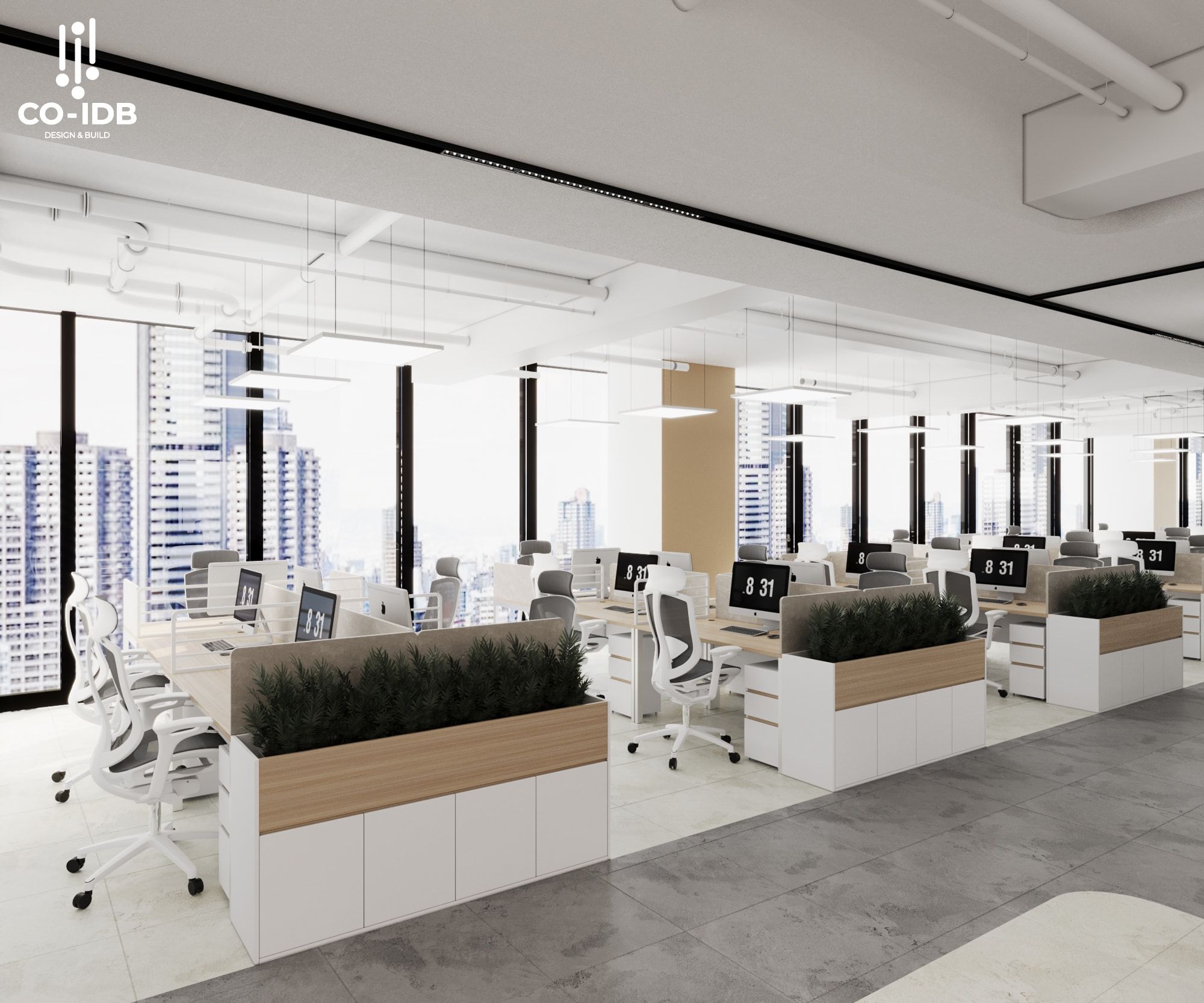 Không gian văn phòng hiện đại với bàn làm việc cụm, ghế công thái học và cây xanh phân cách, thiết kế mở tận dụng ánh sáng tự nhiên từ vách kính toàn phần.