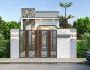 Cổng sắt 4 cánh màu xám đen phối các mảng nan gỗ màu nâu, đặt giữa hai bên cột tường rào sơn trắng gắn đèn trang trí ngoại thất