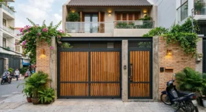 Cổng chính 2 cánh trượt và cổng phụ bằng nan gỗ màu nâu tự nhiên phối khung sắt đen, đặt giữa hai bên bức tường gạch trần thô mộc