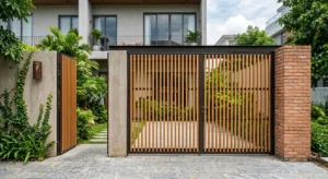 Thiết kế cổng lam sắt giả gỗ mang phong cách hiện đại, kết hợp khung kim loại tối màu và các nan dọc thanh thoát. Công trình hài hòa cùng mảng xanh sân vườn và vật liệu thô như bê tông, gạch mộc, tạo nên vẻ đẹp tinh tế và gần gũi thiên nhiên.