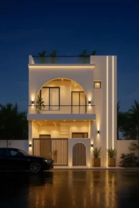Cổng chính bằng thanh sắt hộp dọc màu xám sáng kết hợp cổng phụ thiết kế hình vòm cong tinh tế cho mặt tiền nhà phố hiện đại lung linh ánh đèn đêm