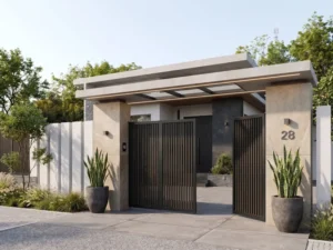 Cổng sắt hộp màu đen 4 cánh kết hợp mái che bê tông và cột đá ốp cho biệt thự hiện đại