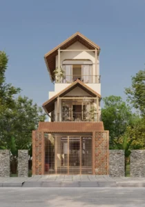 Cổng nhà phố hiện đại bằng sắt thanh mảnh kết hợp mái lợp ngói và tường gạch bông gió màu cam gốm