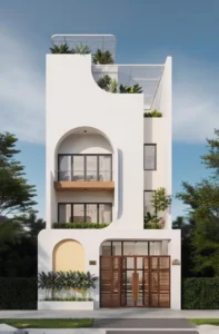 Cổng sắt hệ xếp trượt 4 cánh ốp nan gỗ màu nâu đặt cạnh vòm tường trang trí màu vàng nhạt ở mặt tiền nhà phố sơn trắng