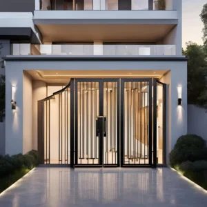 Cổng sắt hộp màu đen thiết kế hiện đại với hệ thống đèn led âm sàn chiếu sáng mặt tiền nhà phố