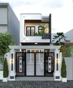 Mẫu cổng sắt hiện đại nổi bật với thiết kế hình học tối giản, kết hợp tone đen trắng sang trọng và hệ trụ cổng cân đối. Kiểu dáng phù hợp với nhà phố hiện đại, mang đến vẻ đẹp tinh tế, an toàn và đồng bộ với kiến trúc tổng thể