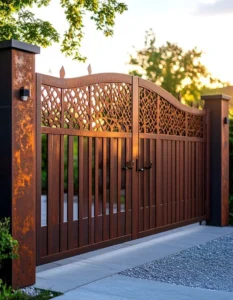 Cổng hai cánh bằng thép corten giả rỉ màu nâu cam kết hợp họa tiết cắt CNC nghệ thuật phía trên