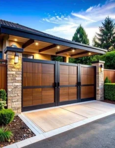 Mẫu cổng biệt thự ốp gỗ khung sắt đen sang trọng có mái che