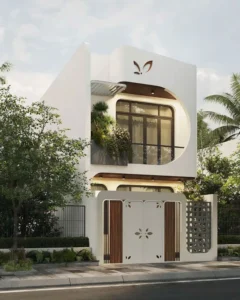 Hệ cổng nhà phố bo góc hiện đại gồm cửa sắt sơn trắng cắt hoa văn CNC tinh tế phối hai mảng gỗ dọc sang trọng ở hai bên.