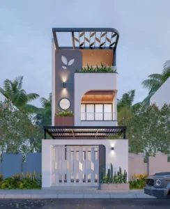 Cổng nhà phố hiện đại màu trắng với các thanh dọc thanh lịch phối hợp tường rào bo góc và tiểu cảnh xương rồng phía trước.