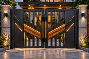 Cổng sắt hộp màu đen hiện đại phối gỗ có gắn đèn LED âm trang trí sang trọng cho nhà phố biệt thự