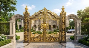 Cổng chính lâu đài bằng nhôm đúc mạ vàng sang trọng, thiết kế hoa văn phù điêu vương miện và sư tử đắp nổi vô cùng tinh xảo, bề thế