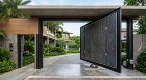 Cổng xoay thông minh bằng đá granite xám vân tự nhiên cho biệt thự cao cấp