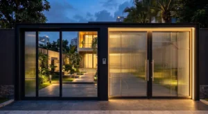 Cổng biệt thự bằng kính sọc mờ kết hợp khung nhôm đen và hệ thống đèn LED ấm áp