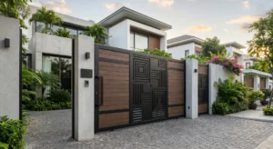 Cổng trượt biệt thự bằng nan giả gỗ kết hợp khung sắt đen và họa tiết hình học hiện đại