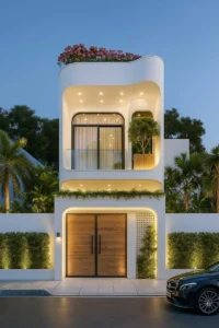 Cổng chính 2 cánh bằng gỗ tự nhiên phẳng hiện đại đặt trong khung vòm sơn trắng có điền viền LED ấm áp