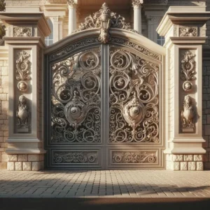 Cổng nhôm đúc màu xám bạc với hoa văn uốn lượn baroque dày đặc kết hợp hai trụ đá chạm khắc tượng sư tử uy nghi