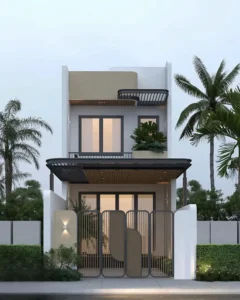Cổng sắt hộp thanh dọc màu xám đen với các cạnh bo tròn mềm mại kết hợp mảng miếng tạo điểm nhấn cho mặt tiền nhà ống.