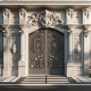 Cổng nhôm đúc màu xám bạc với hoa văn uốn lượn baroque kết hợp vòm phù điêu mặt thần Medusa và hệ cột trụ Hy Lạp bề thế