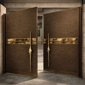 Cổng hai cánh bằng đồng đúc màu nâu đồng với bề mặt họa tiết gợn sóng ngang kết hợp tay nắm mạ vàng thanh mảnh sang trọng