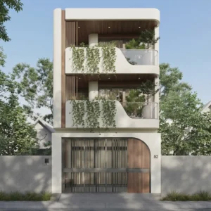 Mẫu cổng nhà phố 4 tầng gồm hệ thanh sắt dọc màu xám đen tinh tế phối hợp cùng cửa phụ bằng gỗ tự nhiên bo góc vòm tròn sang trọng