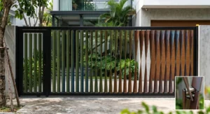 Mẫu cổng biệt thự hiện đại nổi bật với hệ lam sắt xoắn nghệ thuật tạo hiệu ứng chuyển động độc đáo. Thiết kế tối giản kết hợp tone đen và nâu gỗ mang đến vẻ sang trọng, riêng tư và phù hợp với kiến trúc nhà phố, villa cao cấp.