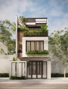 Mẫu cổng sắt hộp màu đen 4 cánh thiết kế nan chéo hiện đại kết hợp tường rào bê tông xám cho nhà phố.