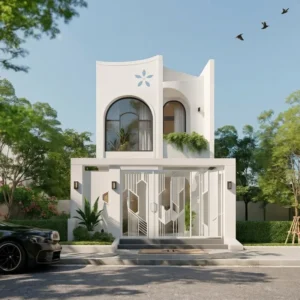 Cổng sắt nghệ thuật màu trắng thiết kế họa tiết hình học đan xen hiện đại phối hợp đồng bộ với mặt tiền nhà phố mái vòm