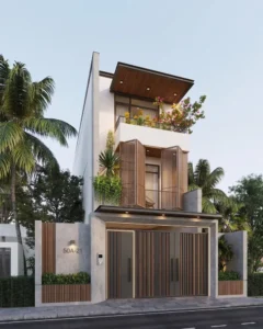 Cổng chính bằng lam nhôm sọc màu nâu giả gỗ phối mảng xám đen có đèn LED viền, đặt dưới hệ khung bê tông mặt tiền nhà phố hiện đại