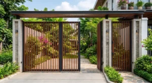 Mẫu cổng biệt thự hiện đại sử dụng hệ lam gỗ dọc kết hợp khung sắt tối màu, tạo cảm giác thông thoáng và sang trọng. Thiết kế hài hòa cùng cảnh quan nhiệt đới xanh mát, phù hợp cho villa, resort và nhà vườn cao cấp.