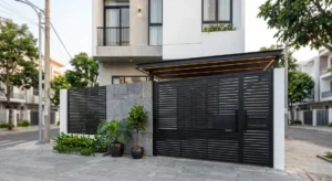 Cổng sắt hộp thiết kế nan ngang màu đen có mái che tích hợp đèn LED hiện đại, kết hợp hàng rào đồng bộ và mảng tường ốp đá xám tự nhiên