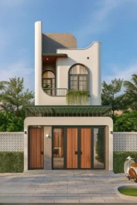 Cổng chính 4 cánh và cổng phụ bằng nan gỗ màu nâu sáng kết hợp khung sắt đen mặt tiền nhà phố vòm cong
