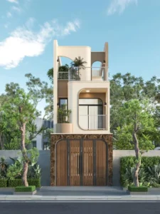 Cổng sắt 4 cánh kết hợp ốp nan gỗ dáng vòm cong đặt trong khung đá hoa cương màu nâu mặt tiền nhà phố