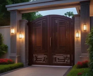 Cổng gỗ hai cánh màu nâu giả cổ vòm cong kết hợp họa tiết nan sọc kẻ hình học, hệ thống cột trụ đá và đèn tường ấm áp