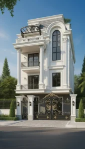 Cổng chính biệt thự bằng nhôm đúc màu đen phối hoa văn vòm sơn vàng đồng quý phái, bên cạnh có cổng phụ đồng bộ