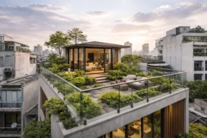 Thiết kế sân thượng xanh tối ưu không gian với các lối đi bọc quanh bồn cây, khu vực ghế sofa ngoài trời và chòi nghỉ hiện đại.