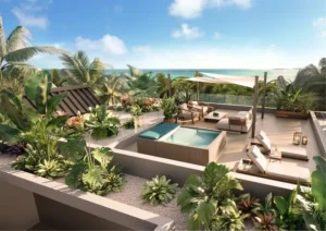 Không gian sân thượng phong cách resort sang trọng với hàng ghế tắm nắng, dù che và cây xanh nhiệt đới.