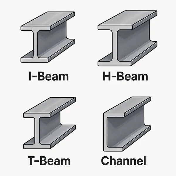 Sơ đồ phân biệt cấu trúc các loại thép hình trong xây dựng bao gồm thép hình I (I-Beam), thép hình H (H-Beam), thép hình T (T-Beam) và thép chữ U (Channel)