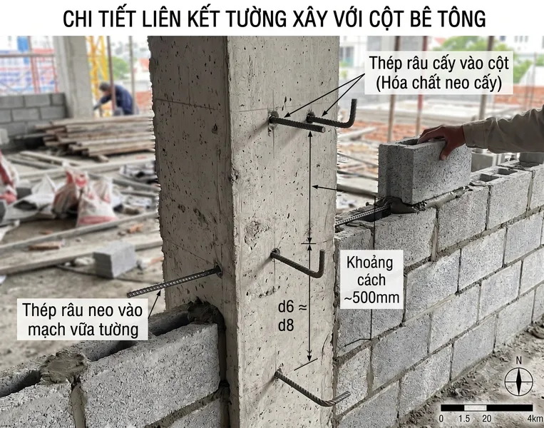 Cấy thép râu liên kết giữa tường xây với cột bê tông chống nứt mạch ngừng