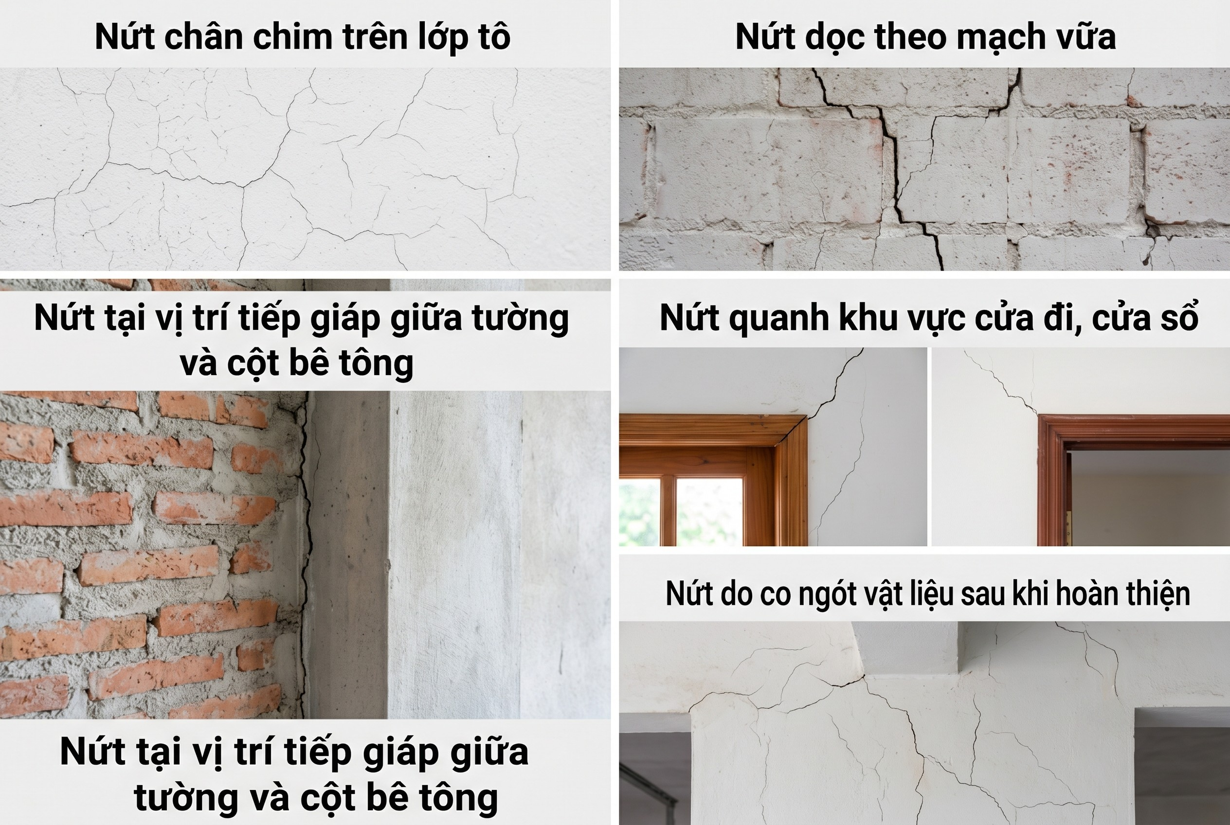 Hình ảnh tổng hợp 5 loại vết nứt tường phổ biến gồm nứt chân chim, nứt mạch vữa, nứt tiếp giáp tường cột, nứt góc cửa và nứt co ngót vật liệu.
