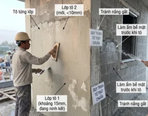 Quy trình tô trát tường chuẩn 2 lớp trên gạch block bê tông