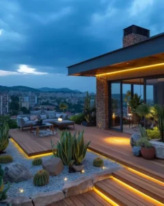 Góc cà phê sân thượng gia đình với sàn gỗ, đèn LED hắt sáng, bộ sofa xám hiện đại, view thành phố và tiểu cảnh sân vườn xương rồng rải sỏi.
