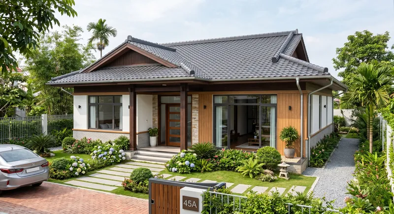 Hình ảnh thực tế/phối cảnh kiến trúc nhà cấp 4 mái Nhật. Thiết kế tối ưu công năng với 2 phòng ngủ, mặt tiền kết hợp hài hòa giữa vật liệu gỗ nhựa ngoài trời, cửa nhôm kính và sân vườn tiểu cảnh hiện đại