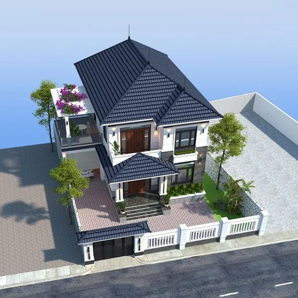 Mẫu thiết kế Nhà 2 tầng Mái Nhật.webp hiện đại, sang trọng với kiến trúc độc đáo và không gian sân vườn thoáng đãng.