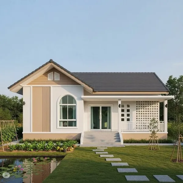 Phối cảnh thiết kế mẫu nhà cấp 4 2 phòng ngủ với kiến trúc hiện đại, sang trọng. Thiết kế tối ưu không gian, kết hợp hài hòa với cảnh quan sân vườn, lý tưởng cho những gia đình mong muốn không gian sống gần gũi thiên nhiên.