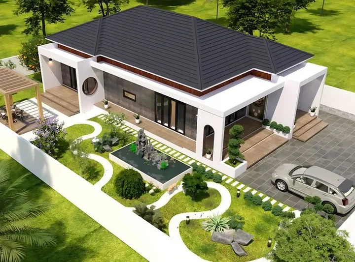Mẫu biệt thự nhà cấp 4 có sân vườn tiểu cảnh hòn non bộ và chòi nghỉ góc nhìn từ trên cao
